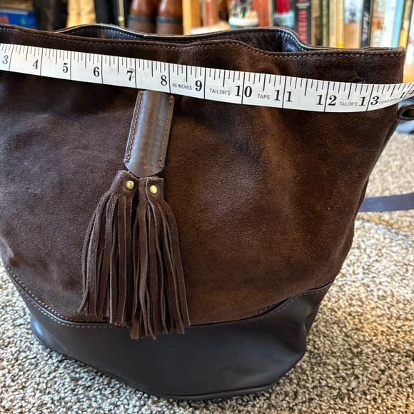 Brown and Black FRYE Suade Leather Paige Drawstring Bucket Bag - Picture 9 of 12